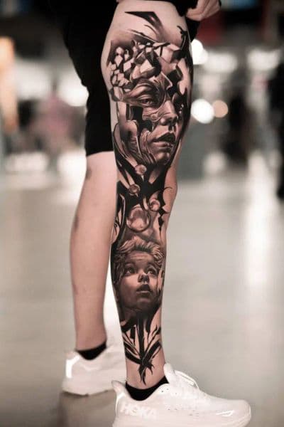 Realism + Black & Grey faces tattoo on Full Leg Sleeve by Harold.garcia.tattoo on TattMe