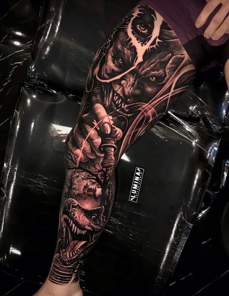 Black & Grey + Realism demon tattoo on Full Leg Sleeve by Tattoo_Artist_Phoenix on TattMe