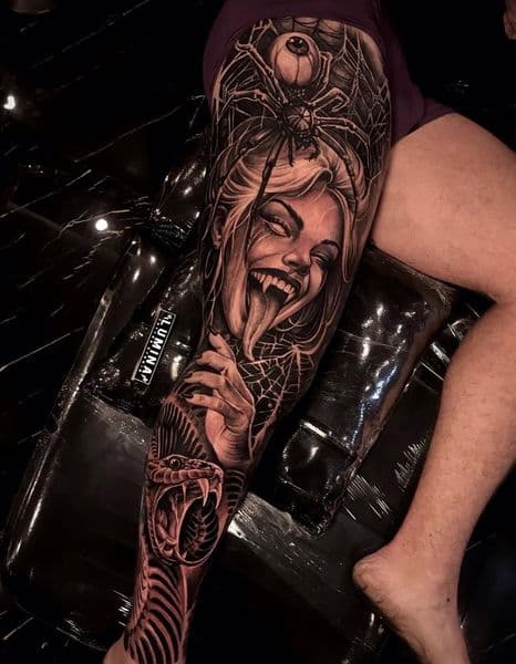 Black & Grey + Realism woman tattoo on Full Leg Sleeve by Tattoo_Artist_Phoenix on TattMe
