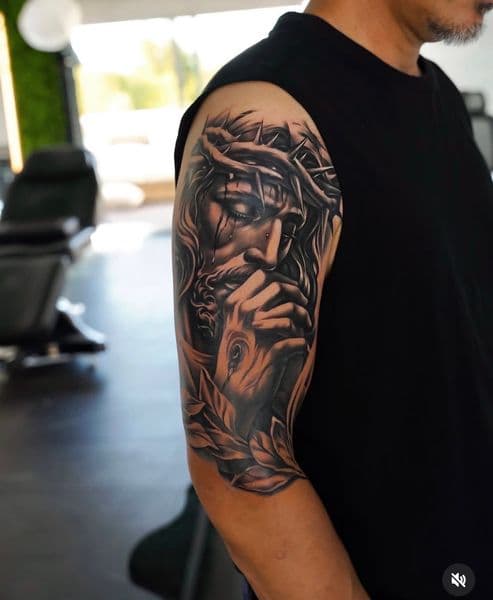 Black & Grey + Realism jesus tattoo on Half Sleeve by Tattoo_Artist_Phoenix on TattMe