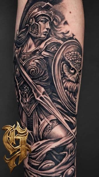 Black & Grey + Realism athena tattoo on Half Sleeve by Gcreationart1 on TattMe