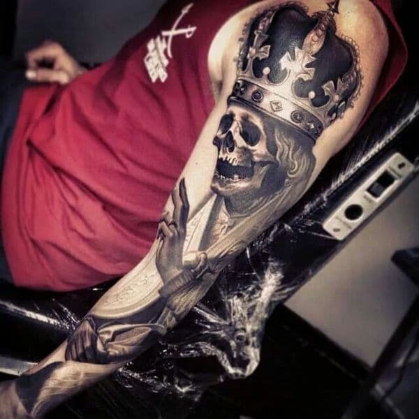 Black & Grey + Realism skull tattoo on Full Sleeve by Nikki_hurtado_ on TattMe