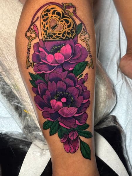 Color + Floral peonies tattoo on Calf by transcendingink on TattMe