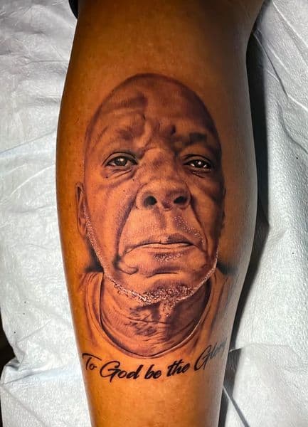 Realism + Black & Grey portrait tattoo on Calf by transcendingink on TattMe