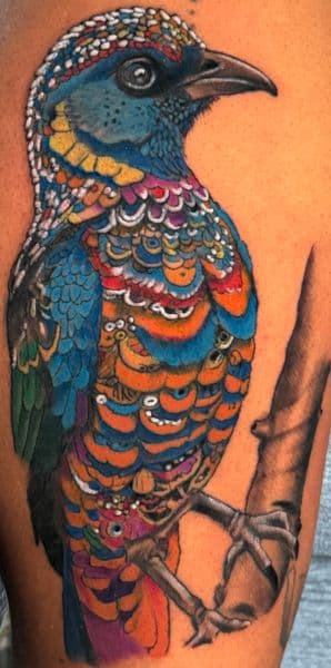 Color + Illustrative bird tattoo on Upper Arm by transcendingink on TattMe