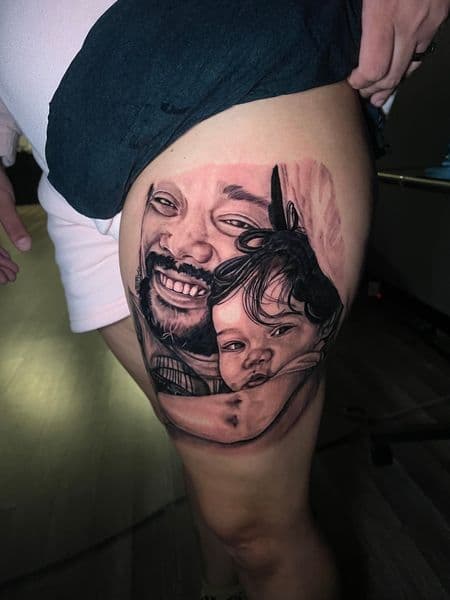 Realism + Black & Grey portrait tattoo on Thigh by transcendingink on TattMe