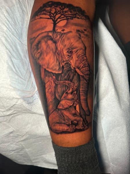 Realism + Black & Grey elephant tattoo on Calf by transcendingink on TattMe