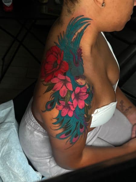 Illustrative + Color phoenix tattoo on Shoulder by transcendingink on TattMe