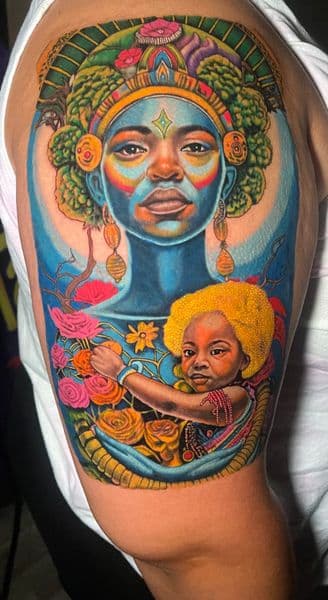 Color + Illustrative woman tattoo on Half Sleeve by transcendingink on TattMe