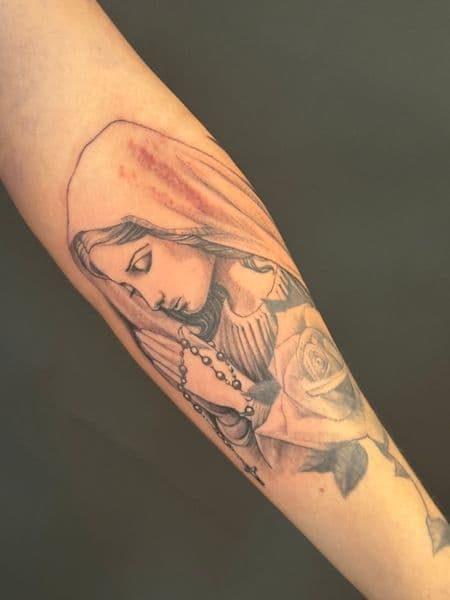 Black & Grey + Religious virgin mary tattoo on Forearm by JohnnyJinx on TattMe