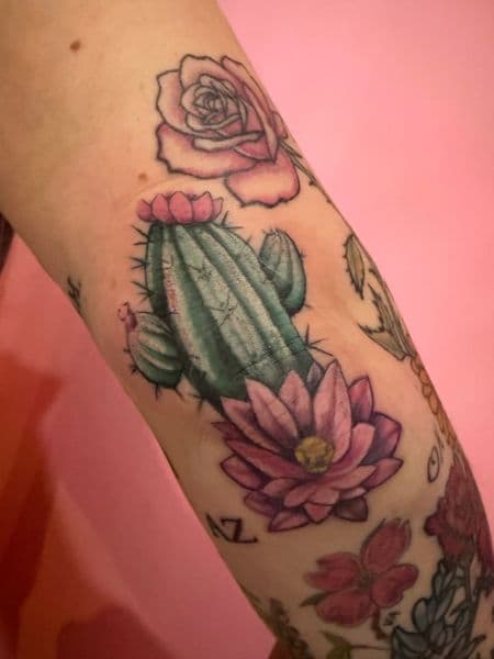 Color + Illustrative cactus tattoo on Elbow by JohnnyJinx on TattMe