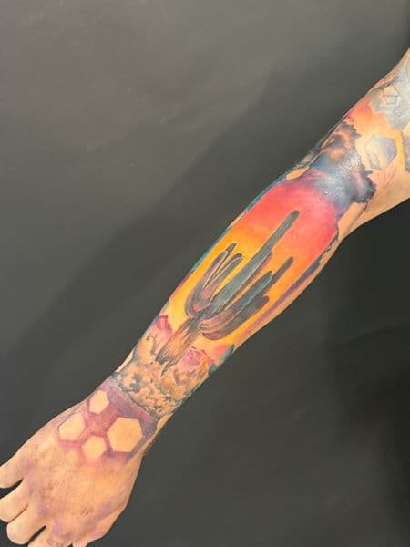 Color + Illustrative cactus tattoo on Forearm by JohnnyJinx on TattMe