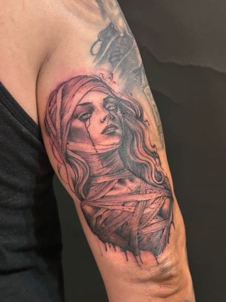 Black & Grey + Illustrative woman tattoo on Upper Arm by JohnnyJinx on TattMe