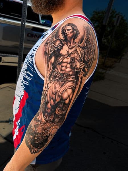 Black & Grey + Realism angel tattoo on Full Sleeve by JohnnyJinx on TattMe