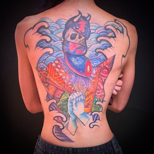 Illustrative + Color figure tattoo on Upper Back by JohnnyJinx on TattMe