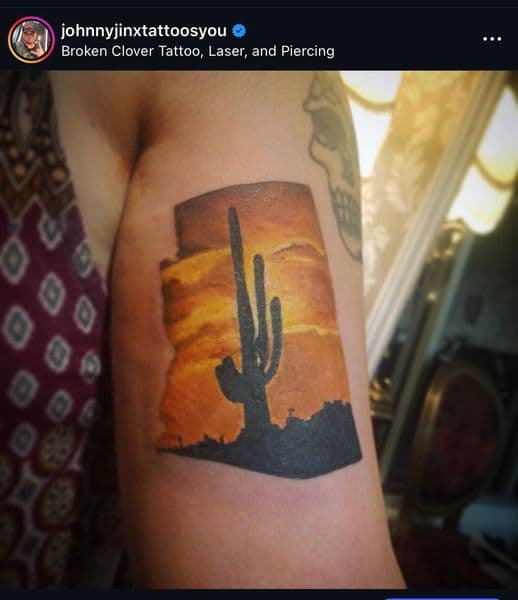 Illustrative + Color desert tattoo on Upper Arm by JohnnyJinx on TattMe