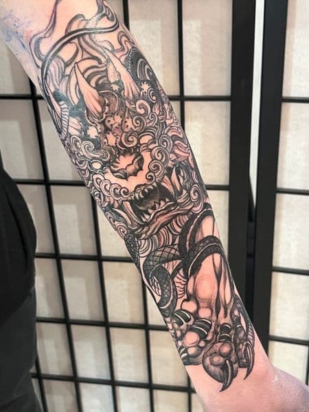 Japanese + Black & Grey foo dog tattoo on Forearm by JohnnyJinx on TattMe