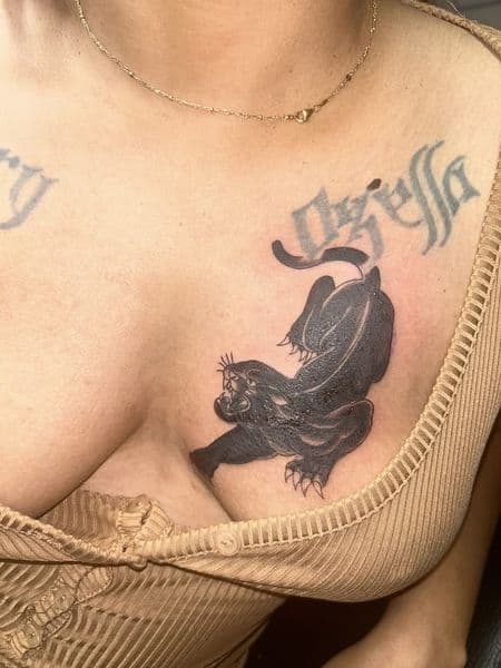 American Traditional + Black-work panther tattoo on Sternum by emilymadison on TattMe