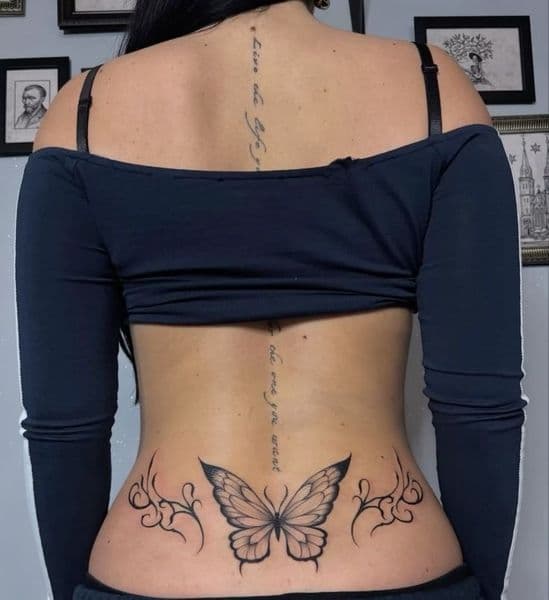 Black-work + Lettering butterfly tattoo on Lower Back by emilymadison on TattMe