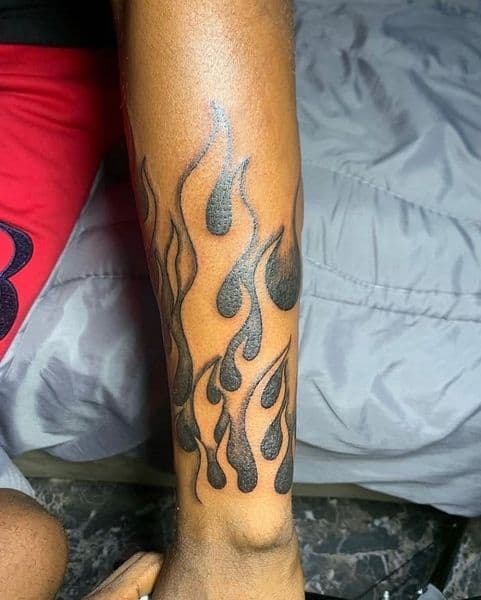 Black & Grey + Illustrative flames tattoo on Shin by emilymadison on TattMe