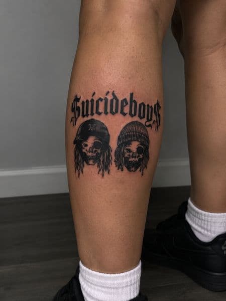 Black & Grey + Illustrative skulls tattoo on Calf by emily_madison on TattMe