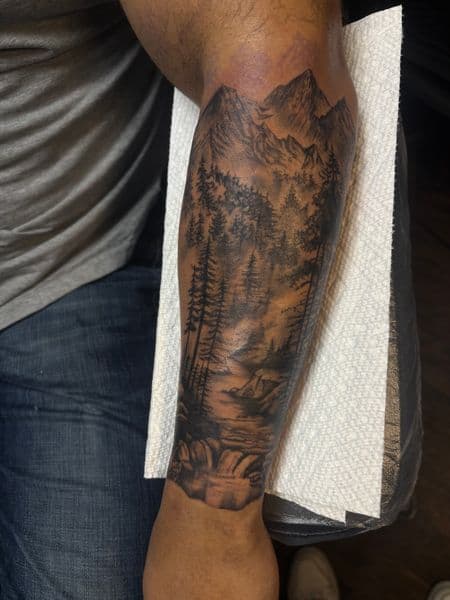 Black & Grey + Realism mountains tattoo on Forearm by trktattoos on TattMe
