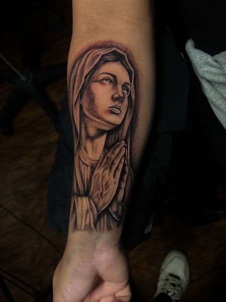 Black & Grey + Realism virgin mary tattoo on Forearm by trktattoos on TattMe