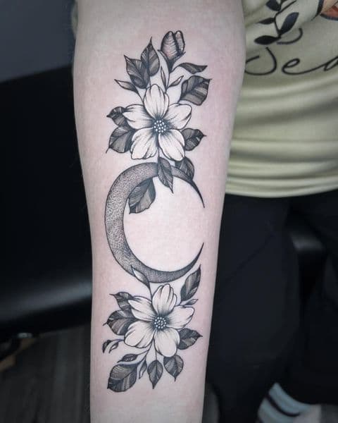 Black & Grey + Dot-work moon tattoo on Upper Arm by Taylor_Miller on TattMe