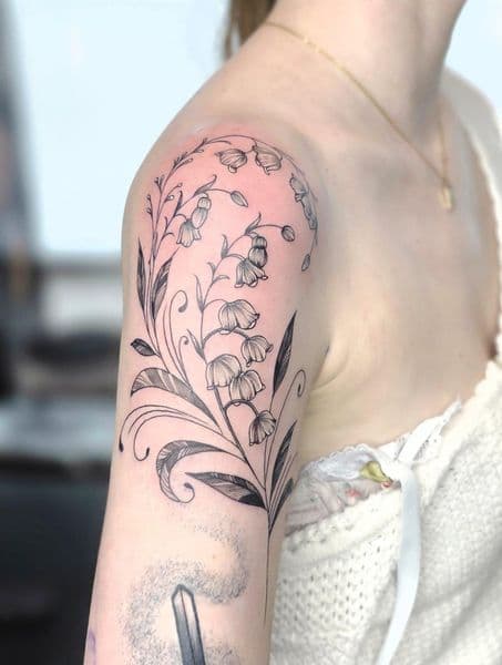 Fine Line + Black-work lily of the valley tattoo on Shoulder by Taylor_Miller on TattMe