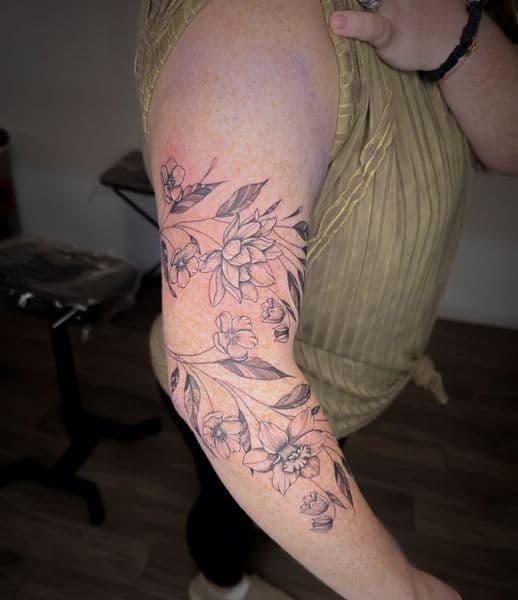 Fine Line + Black & Grey flowers tattoo on Upper Arm by Taylor_Miller on TattMe
