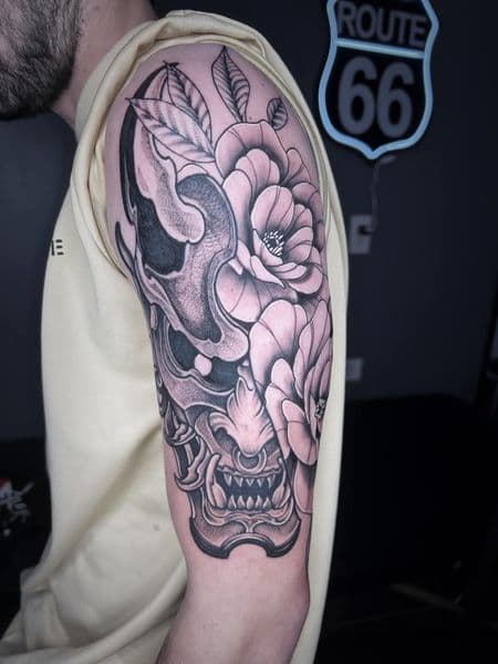 Black & Grey + Japanese hannya mask tattoo on Upper Arm by Taylor_Miller on TattMe