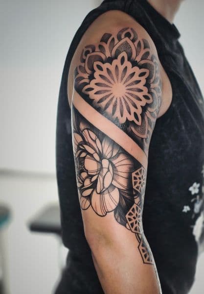 Black & Grey + Dot-work mandala tattoo on Half Sleeve by Taylor_Miller on TattMe