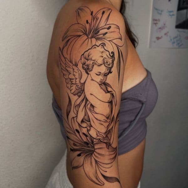 Fine Line + Black-work cherub tattoo on Upper Arm by Ink_By_Loren on TattMe