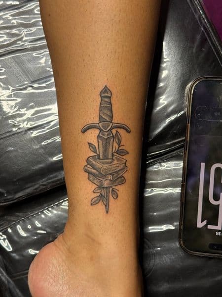 Black & Grey + Illustrative dagger tattoo on Calf by tattoosbyJkelly88 on TattMe