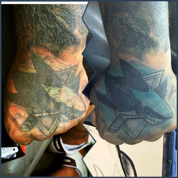 Geometric + Color orca tattoo on Hand by tattoosbyJkelly88 on TattMe