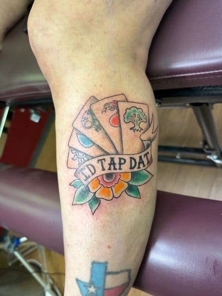 Traditional + American Traditional cards tattoo on Calf by tattoosbyJkelly88 on TattMe