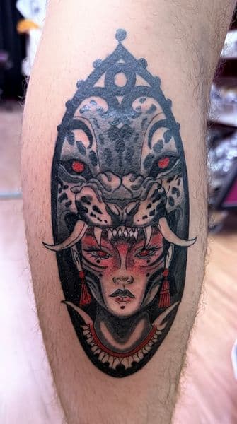 Neo-Traditional + Illustrative woman tattoo on Calf by tattoosbyJkelly88 on TattMe