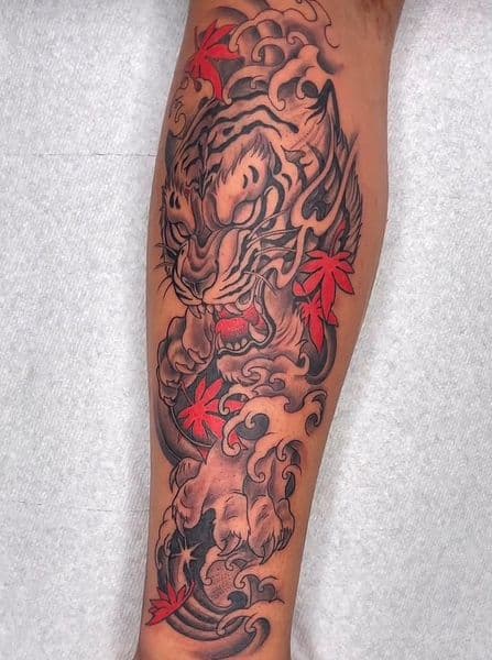 Japanese + Black & Grey tiger tattoo on Calf by JMRN_ on TattMe