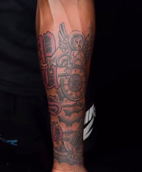 Black & Grey + Lettering angel tattoo on Forearm by JMRN_ on TattMe