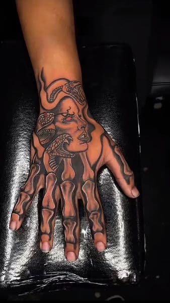 Black & Grey + Illustrative medusa tattoo on Hand by JMRN_ on TattMe