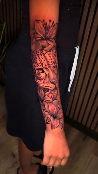 Black & Grey + Realism leopard tattoo on Full Sleeve by JMRN_ on TattMe