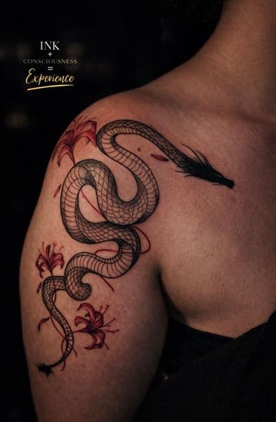 Black-work + Fine Line snake tattoo on Shoulder by Alexis_Rivera on TattMe