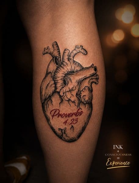 Fine Line + Black-work anatomical heart tattoo on Calf by Alexis_Rivera on TattMe