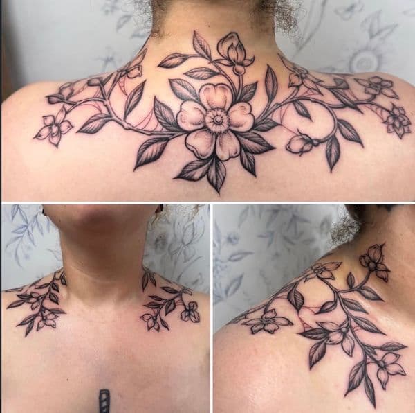 Floral + Black & Grey flowers tattoo on Upper Back by Jessica_ on TattMe