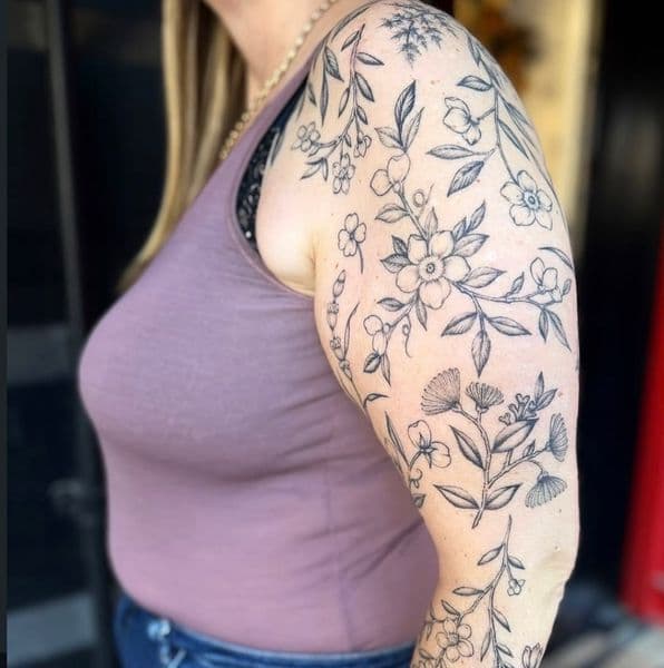 Fine Line + Floral flowers tattoo on Half Sleeve by Jessica_ on TattMe