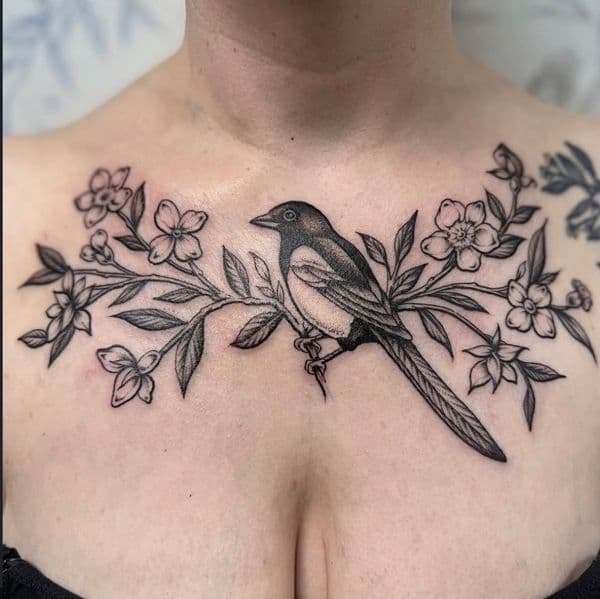 Black & Grey + Floral bird tattoo on Chest by Jessica_ on TattMe