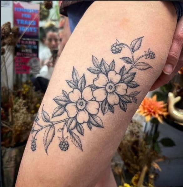 Fine Line + Black-work flowers tattoo on Thigh by Jessica_ on TattMe