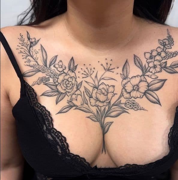 Floral + Black & Grey flowers tattoo on Chest by Jessica_ on TattMe