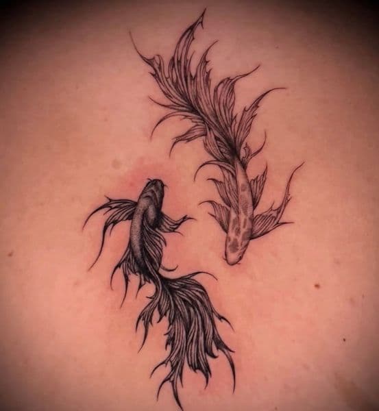 Fine Line + Black & Grey fish tattoo on Upper Back by oldtown_ink on TattMe