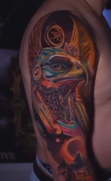 Color + Illustrative horus tattoo on Upper Arm by oldtown_ink on TattMe